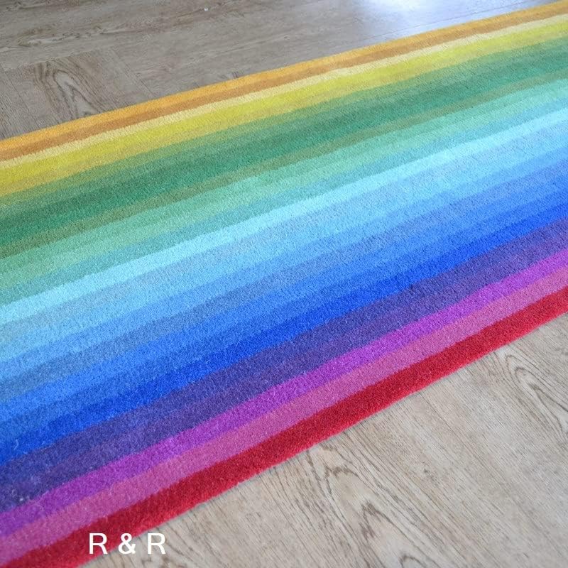 Colorful Rainbow Wave Wool Rug with Light Stripes