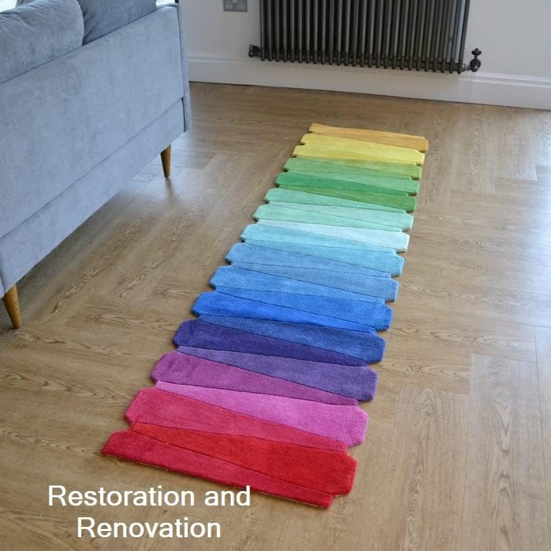 Colorful Rainbow Wave Wool Rug with Light Stripes