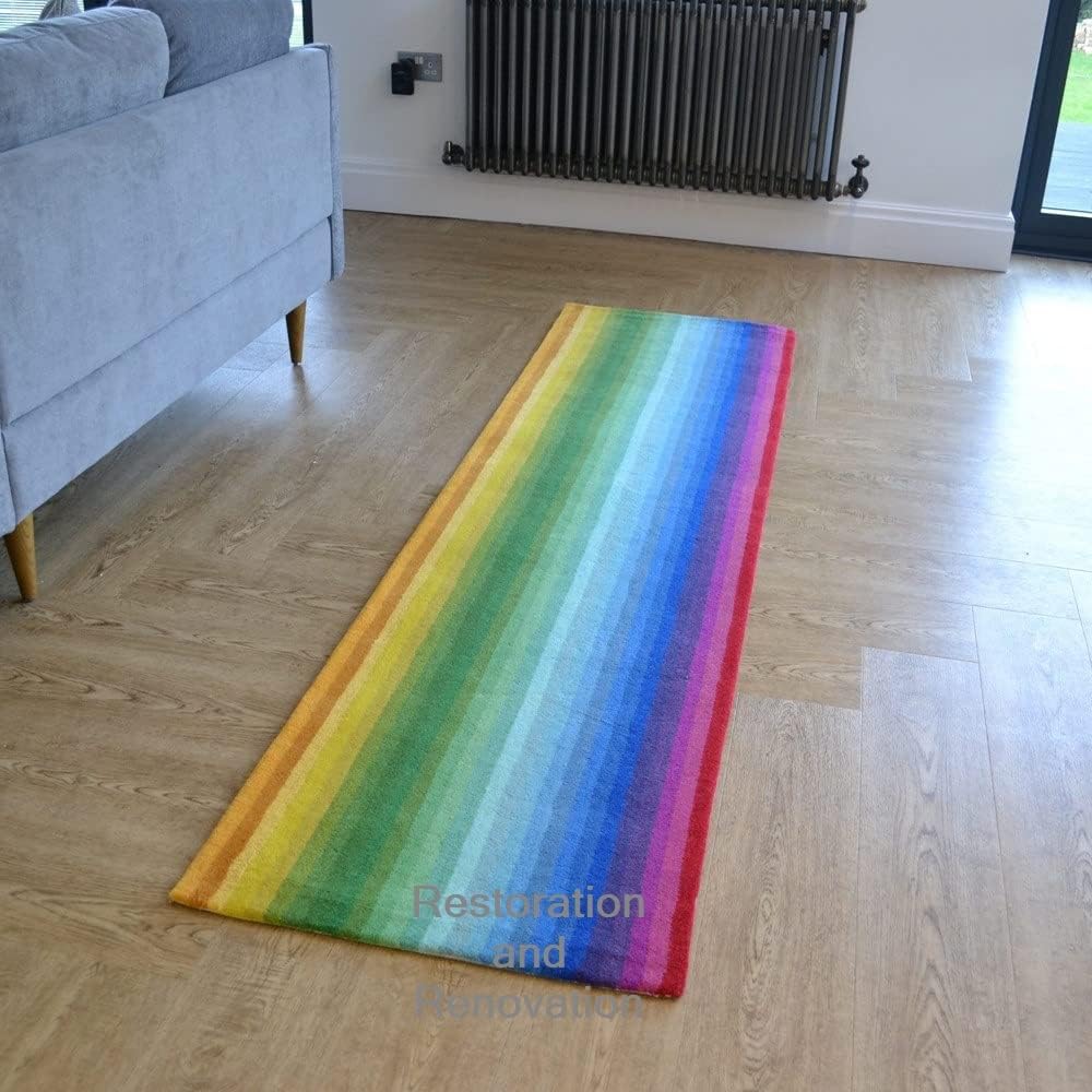 Colorful Rainbow Wave Wool Rug with Light Stripes