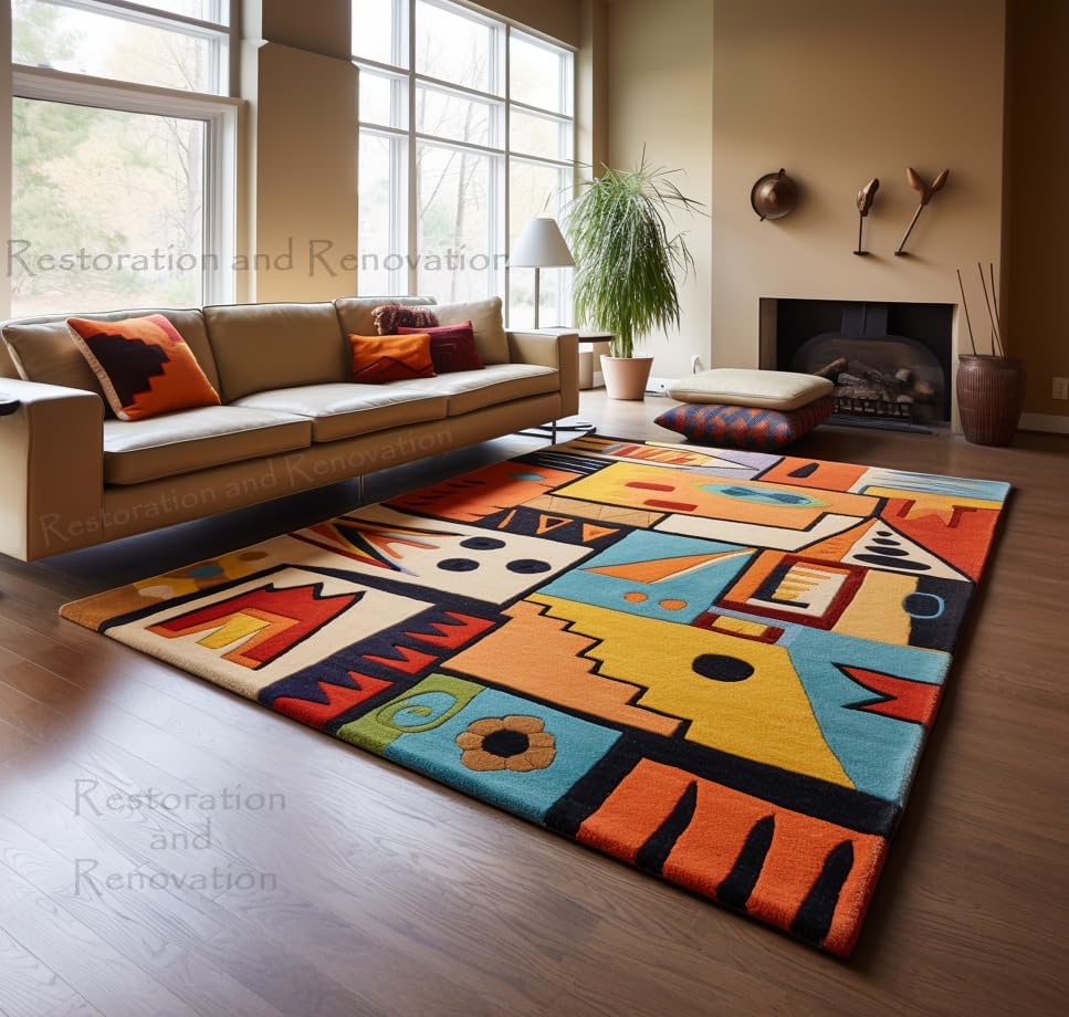 Traditional Tribal Pattern Wool Area Rug - Hand-Tufted Southwestren Design