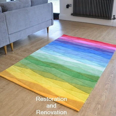 Colorful Rainbow Wave Wool Rug with Light Stripes