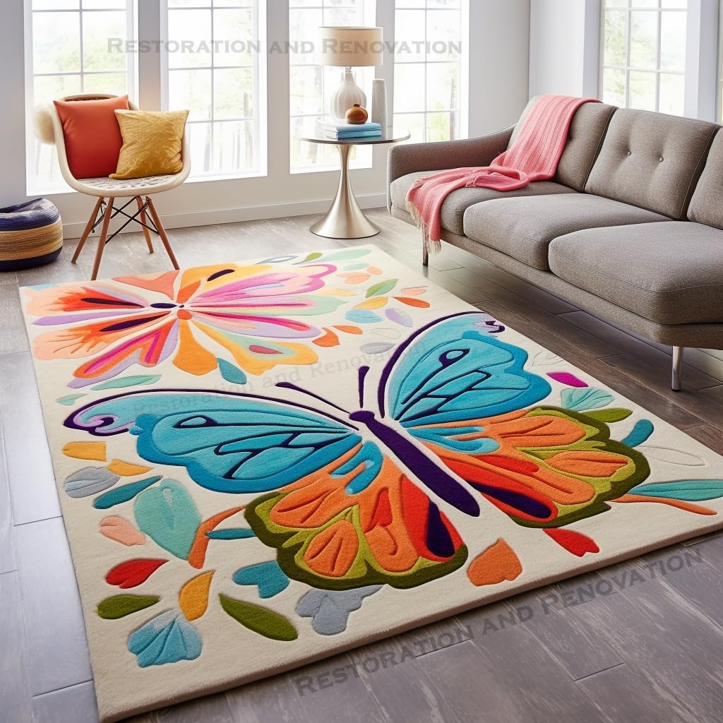 Modern Hand-Tufted Butterfly Pattern Wool Area Rug