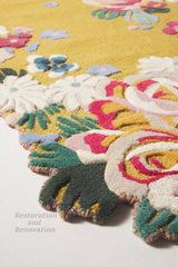 Handmade Pink & Red Yellow Roses Irregular Shape Wool Area Rug