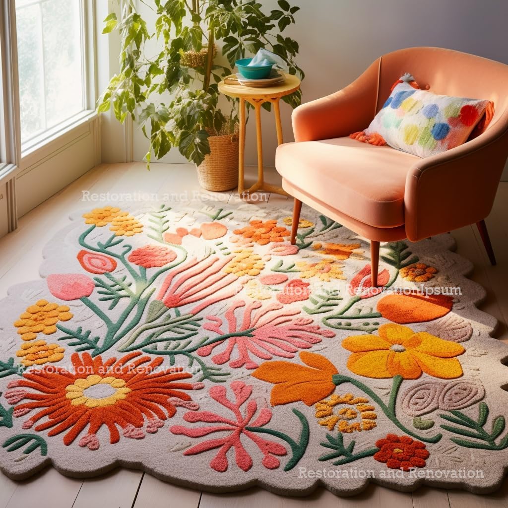 Handmade Wool Floral Area Rug for Living Room