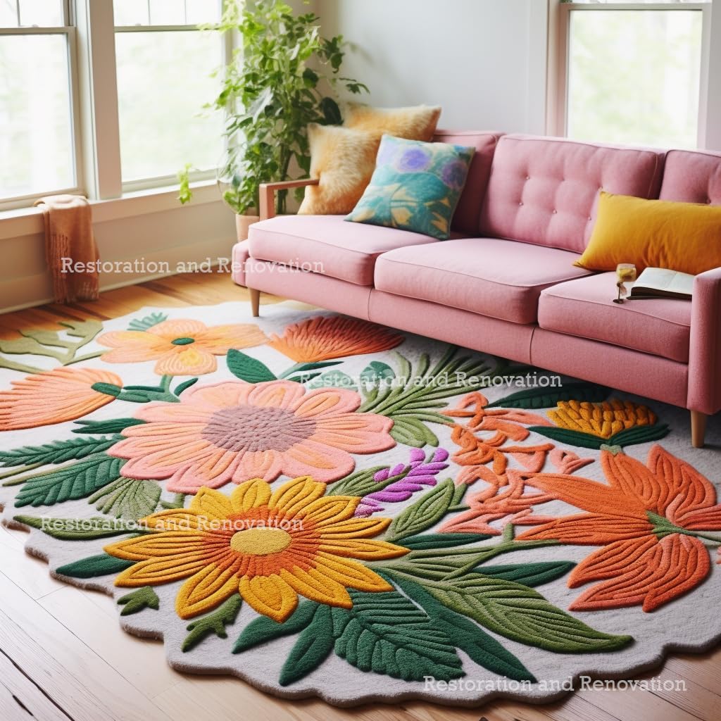 Handmade Wool Floral Area Rug for Living Room