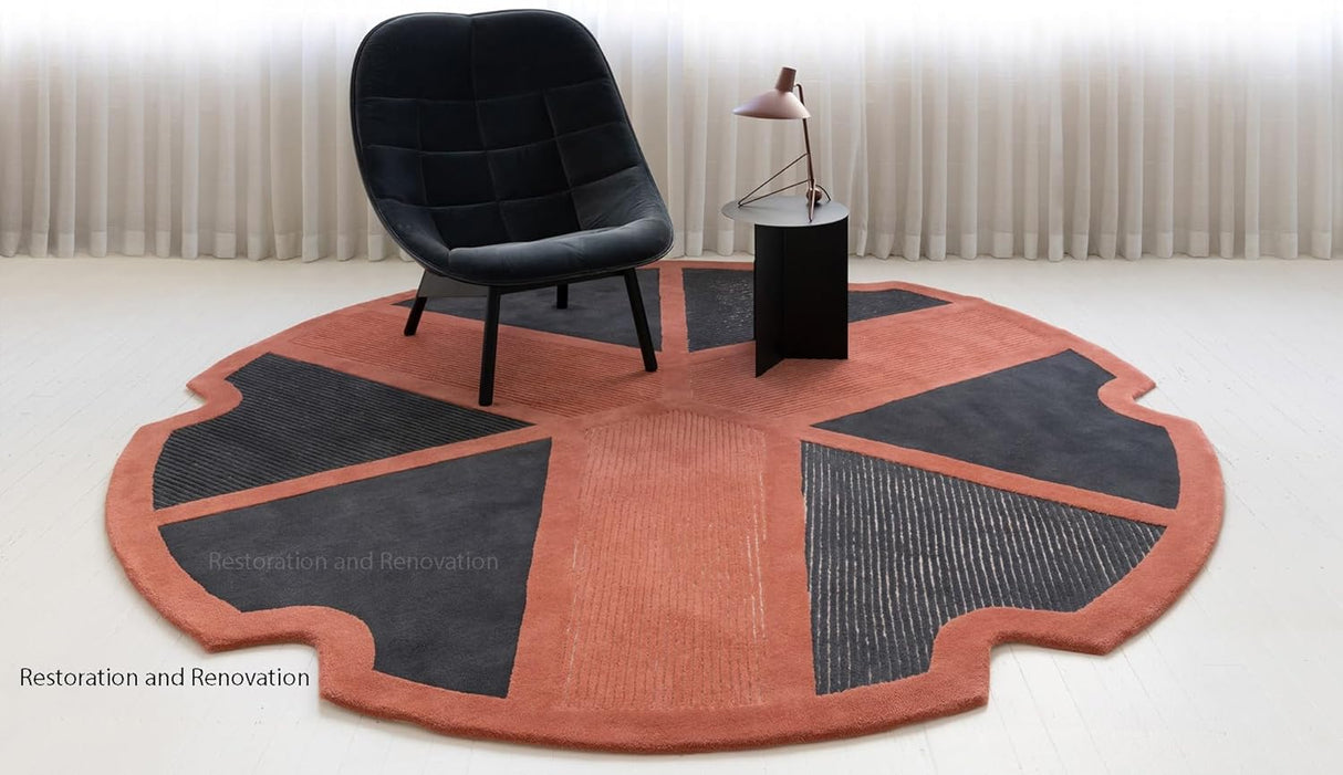 Unique Cutout Circular Wool Area Rug | Modern Irregular Round Shape Inspired by Historic Machinery Movements