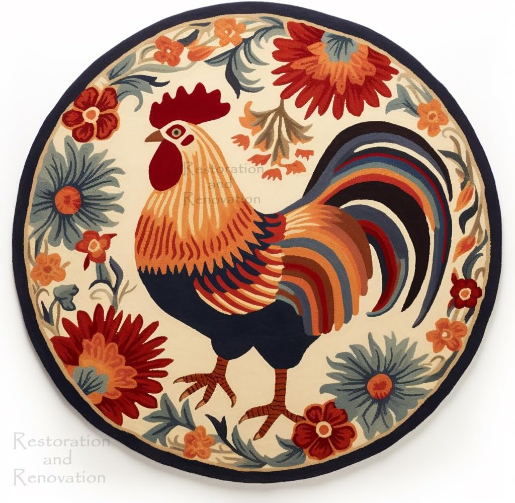 Hen Floral Pattern Round Wool Rug for Living Room