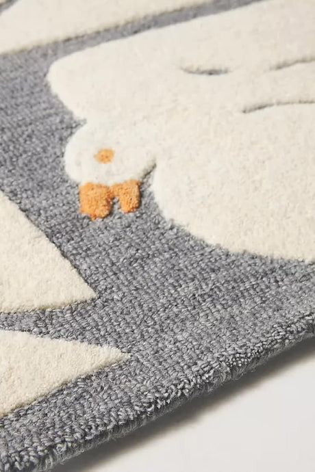 Handmade Grey Base White Bird Pigeon Wool Rug