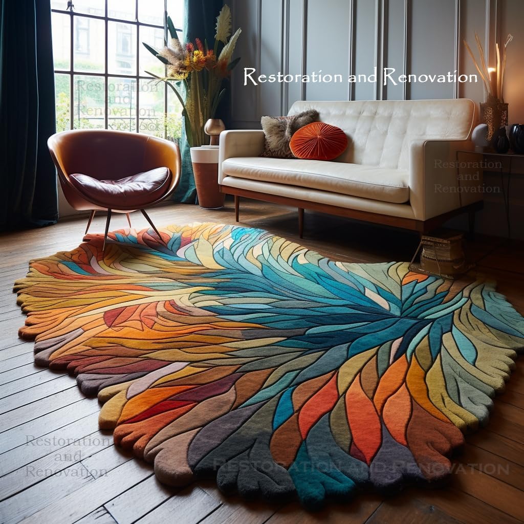 Handmade Irregular Shape Wool Area Rug - Unique Contemporary Botanical Design, Thick & Soft Carpet