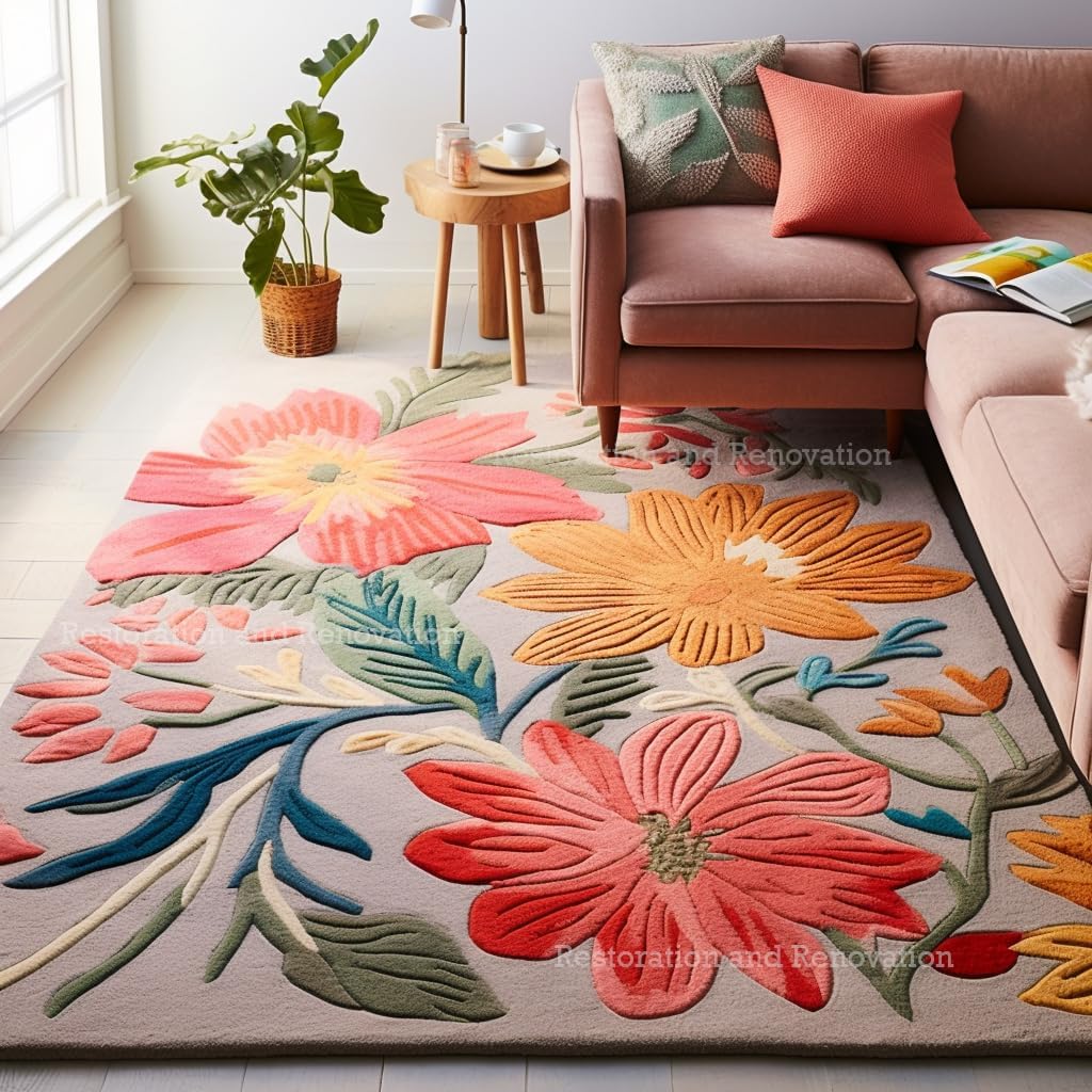 Handmade Wool Floral Area Rug for Living Room