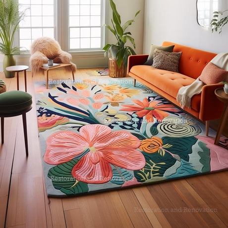 Handmade Wool Floral Area Rug for Living Room