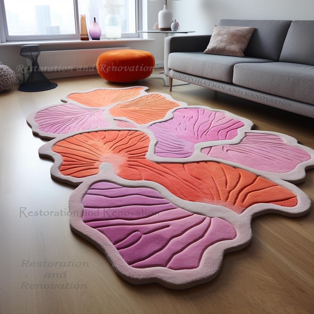 Modern Irregular Shape Wool Area Rug in Pink