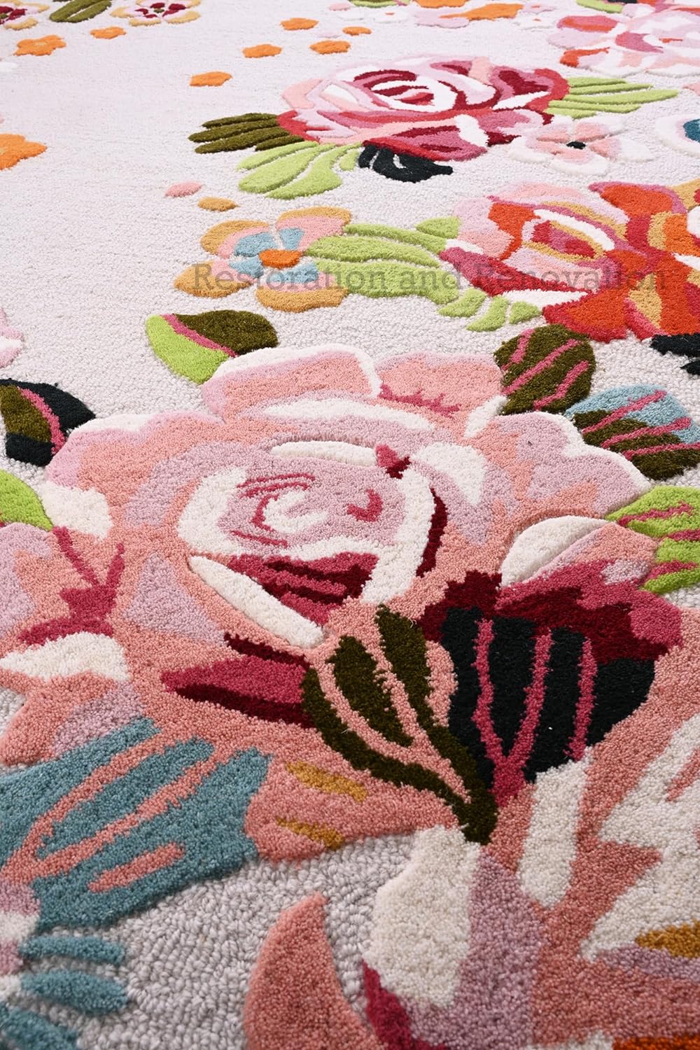 Handmade Pink & Red Yellow Roses Irregular Shape Wool Area Rug