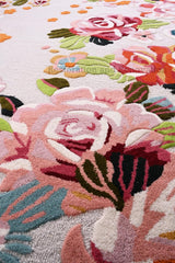 Handmade Pink & Red Yellow Roses Irregular Shape Wool Area Rug