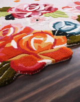 Handmade Pink & Red Yellow Roses Irregular Shape Wool Area Rug