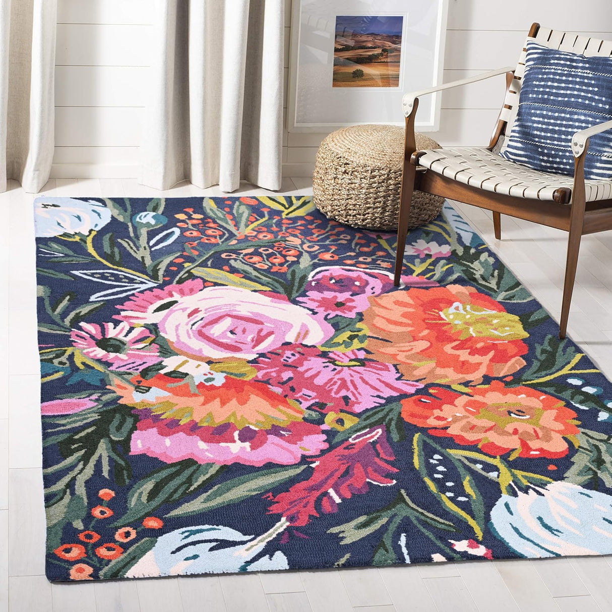 Handmade Floral Wool Area Rug | Colorful Garden Flowers Rose and Sunflower Design