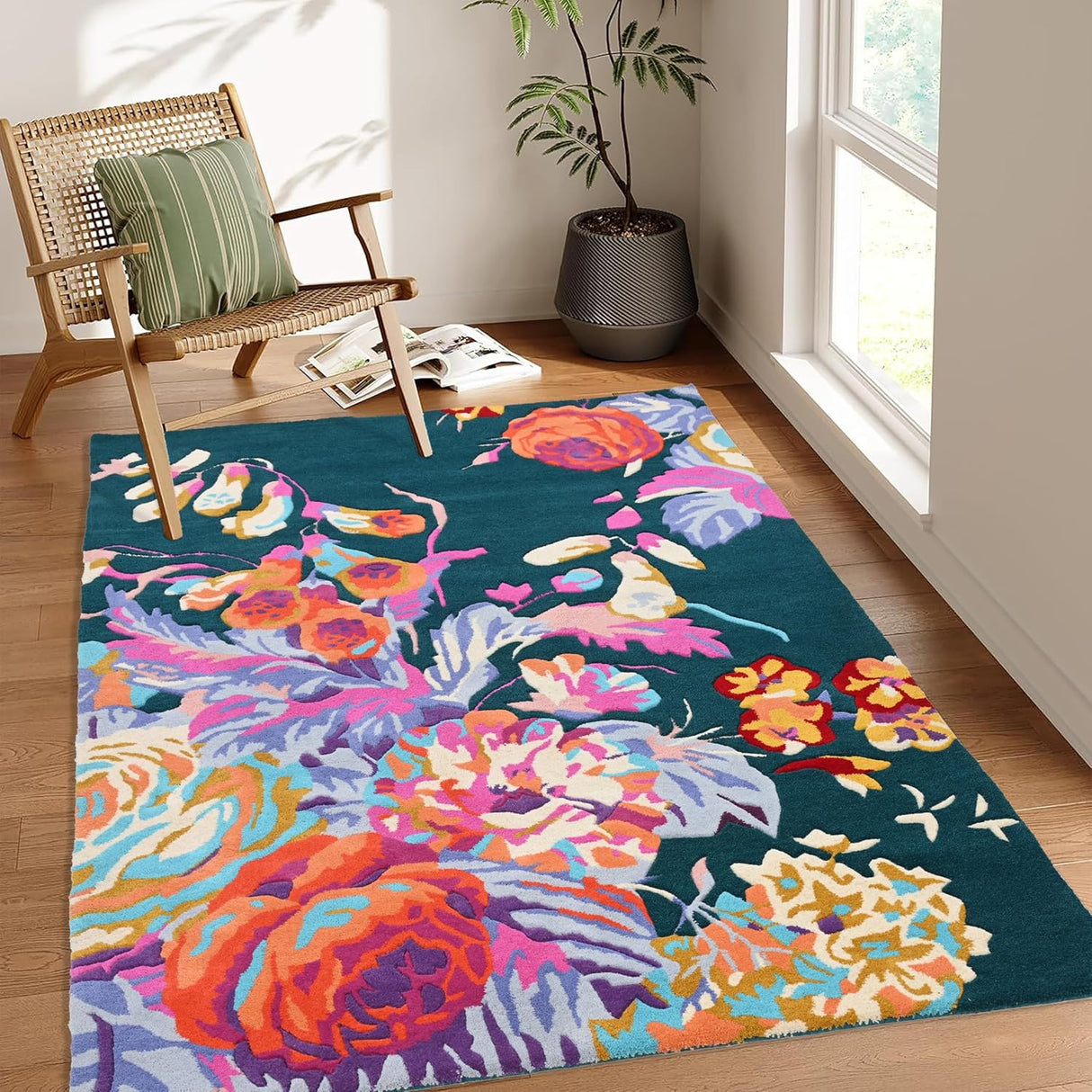 Handmade Rose Floral Area Rug with Garden Colorful Flowers