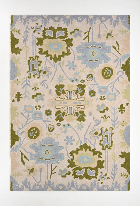 Handmade Oushak Wool Area Rug - Floral and Botanical Patterns in Soft Blue and Green