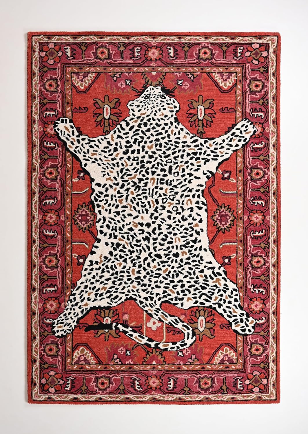 Handmade Leopard Wool Area Rug with Traditional Oushak Motif