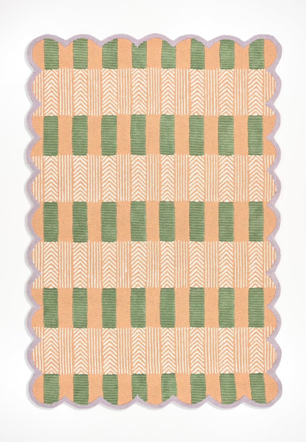 Handmade Scalloped Wool Area Rug - Modern Geometric Pattern & Green-Beige Stripes