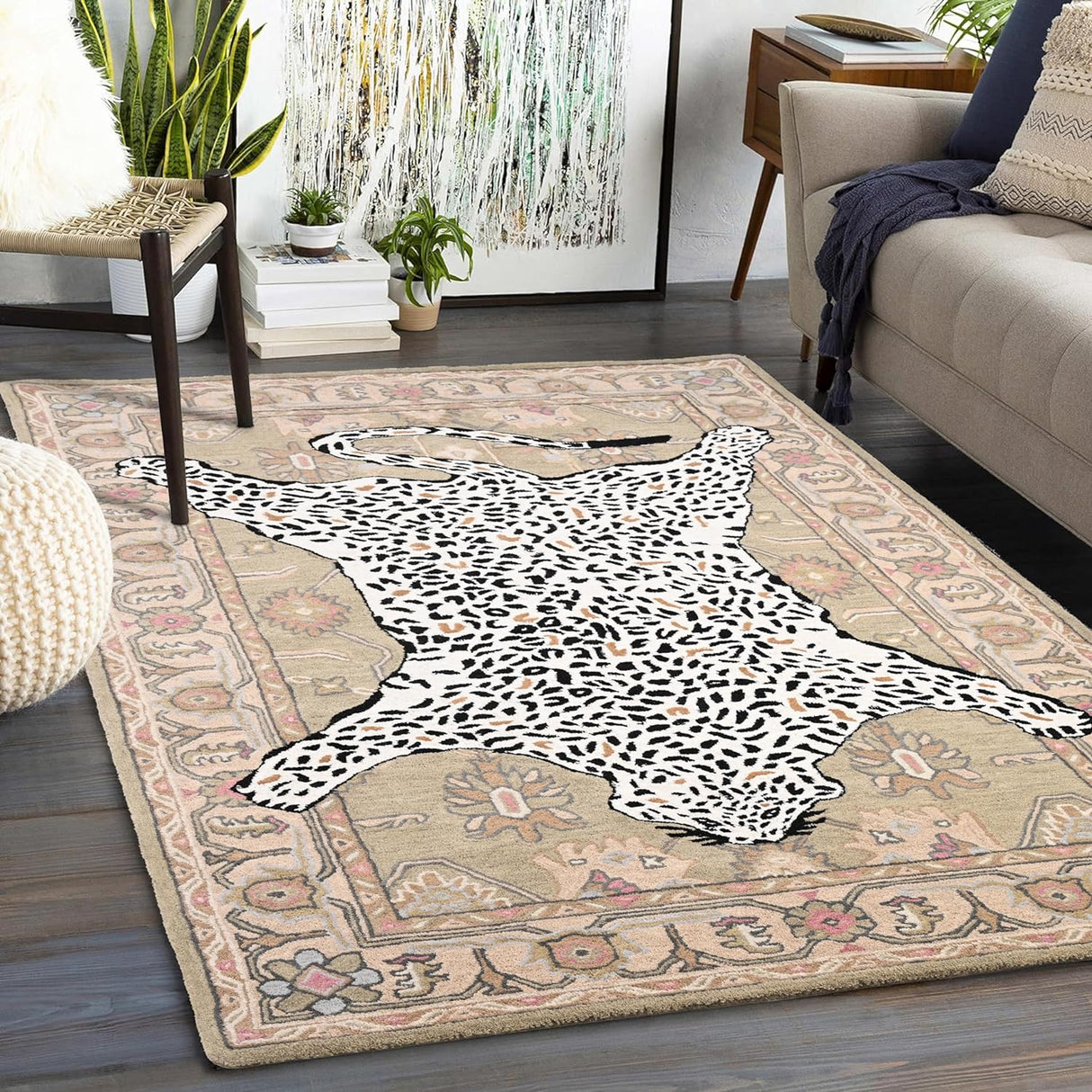 Handmade Leopard Wool Area Rug with Traditional Oushak Motif