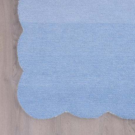 Handcrafted Soft Blue Scalloped Wool Rug - 100% Wool Plush Carpet, Durable & Thick Textured Weave Rugs