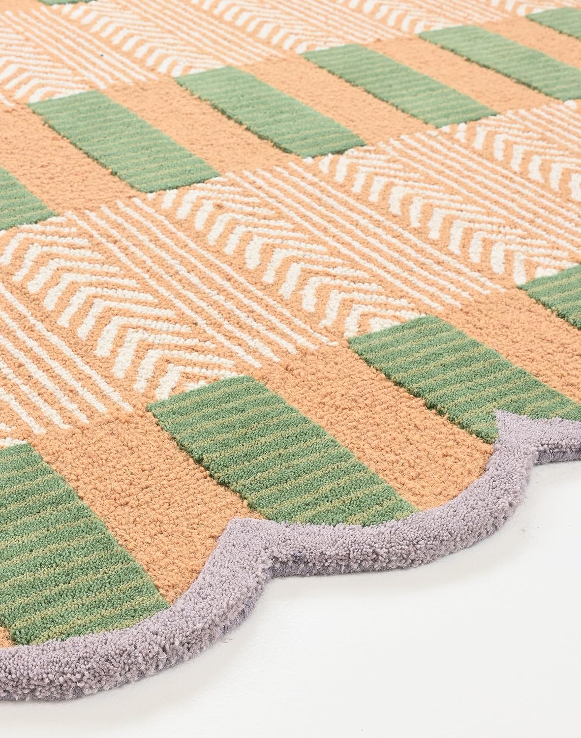 Handmade Scalloped Wool Area Rug - Modern Geometric Pattern & Green-Beige Stripes