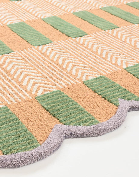 Handmade Scalloped Wool Area Rug - Modern Geometric Pattern & Green-Beige Stripes