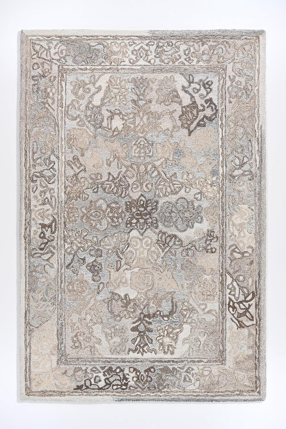 Traditional Handmade Wool Area Rug - Beige & Gray, Vintage Distressed Pattern Carpet