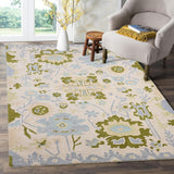 Handmade Oushak Wool Area Rug - Floral and Botanical Patterns in Soft Blue and Green