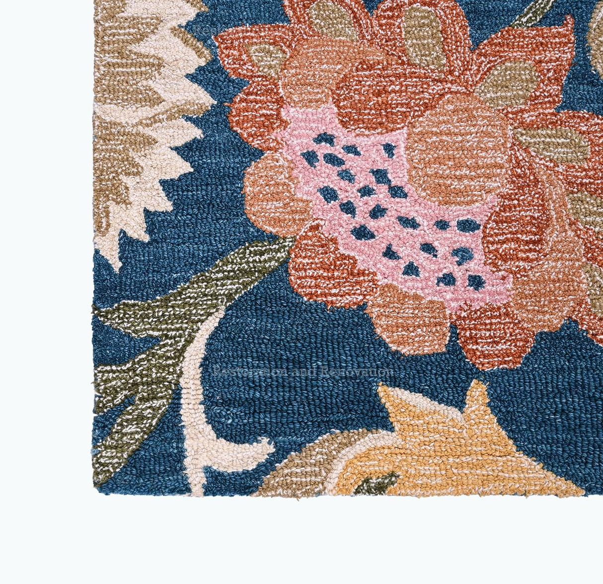 Handmade Vintage Floral Wool Area Rug in Navy Blue