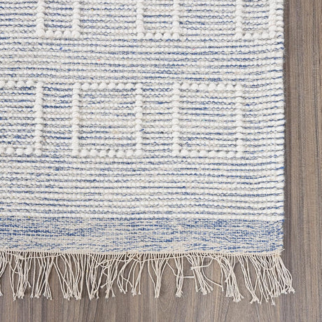 Handwoven Durry Wool Area Rug with Geometric Pattern and Fringe - Modern Bohemian Style Carpet