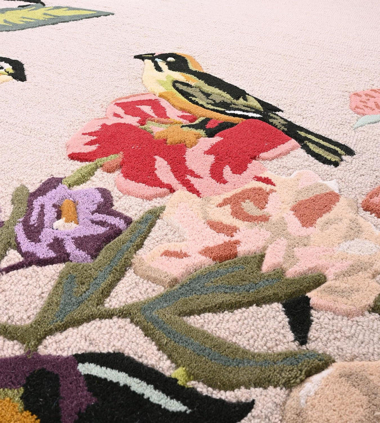 Modern Hand-Tufted Floral Wool Area Rug | Captivating Bird on Flower Bloom