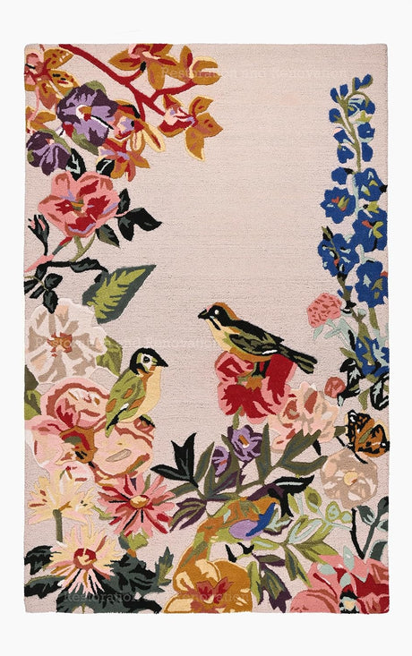 Modern Hand-Tufted Floral Wool Area Rug | Captivating Bird on Flower Bloom