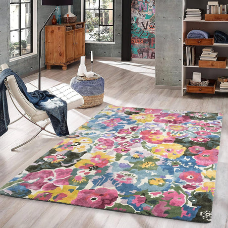 Premium Handmade Floral Viscose Area Rug - Vibrant Colorful Flower Pattern, Soft & Thick Carpet