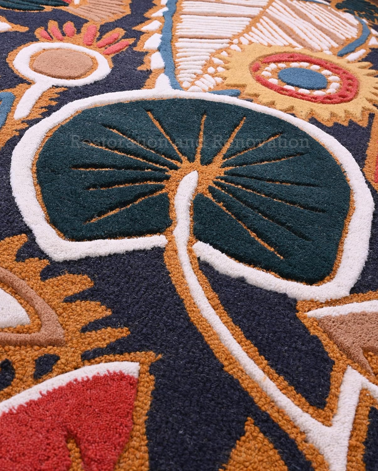 Handmade Artisan Floral and Geometric Pattern Wool Area Rug