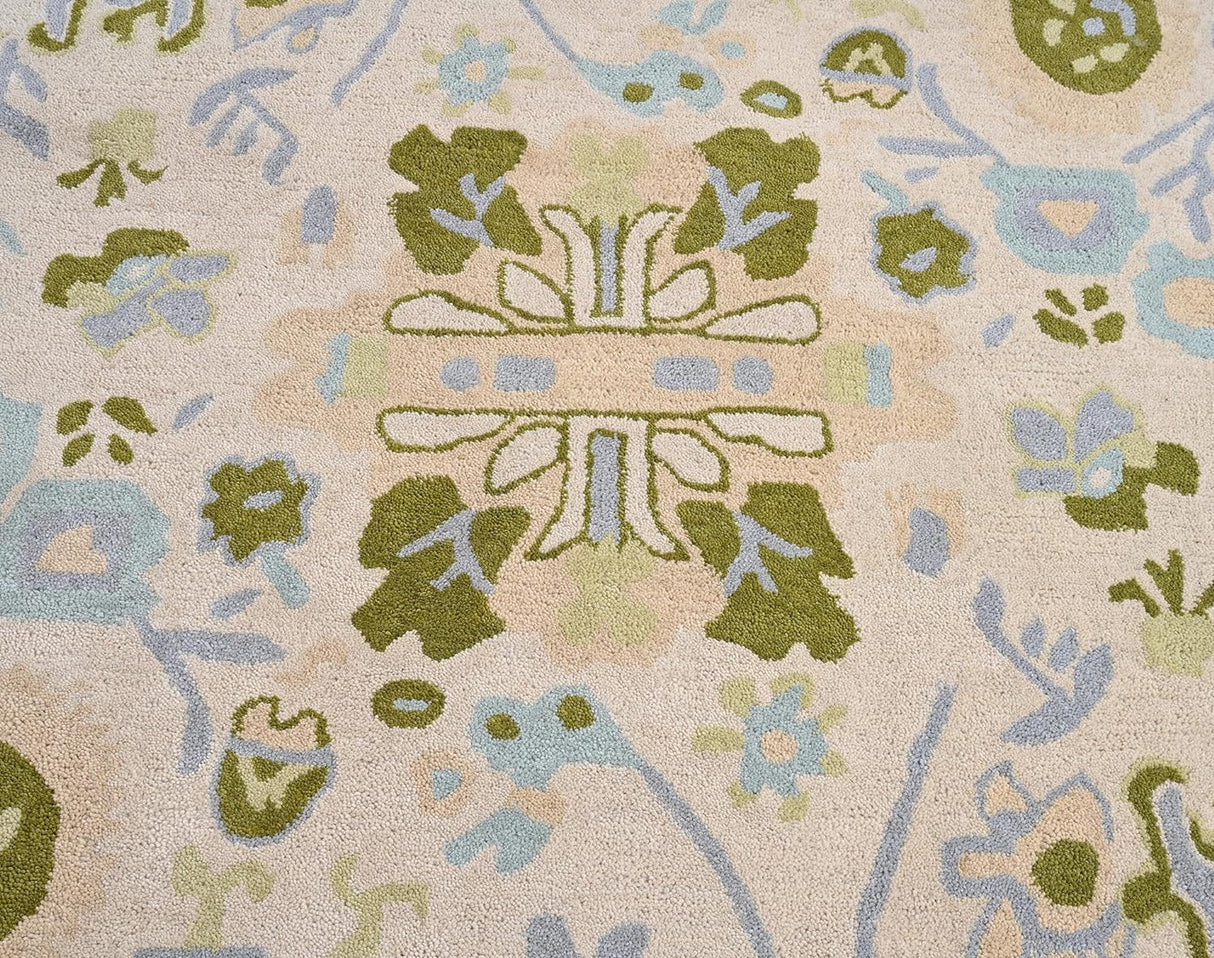 Handmade Oushak Wool Area Rug - Floral and Botanical Patterns in Soft Blue and Green