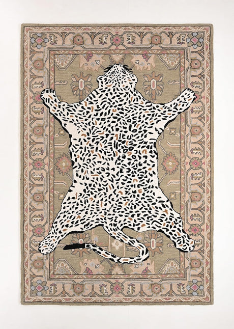 Handmade Leopard Wool Area Rug with Traditional Oushak Motif