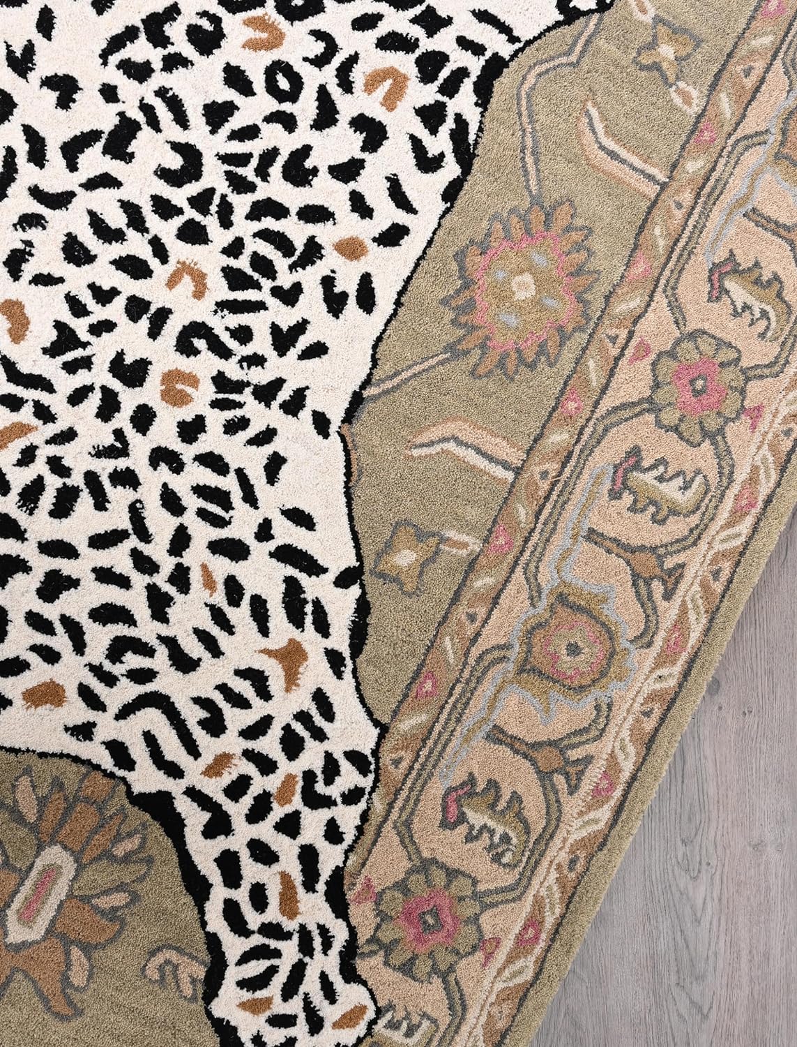 Handmade Leopard Wool Area Rug with Traditional Oushak Motif