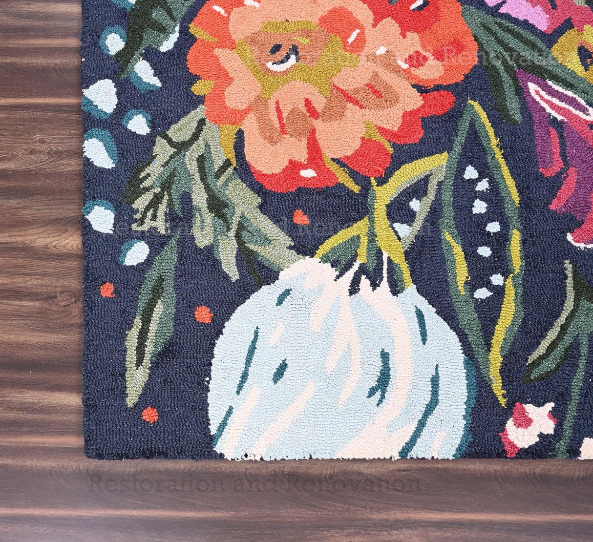 Handmade Floral Wool Area Rug | Colorful Garden Flowers Rose and Sunflower Design