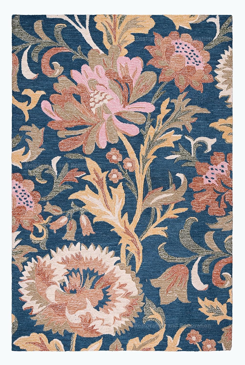 Handmade Vintage Floral Wool Area Rug in Navy Blue