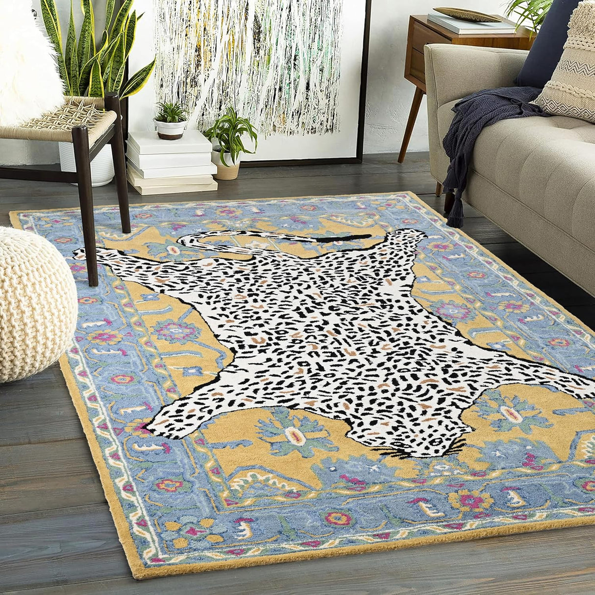 Handmade Leopard Wool Area Rug with Traditional Oushak Motif