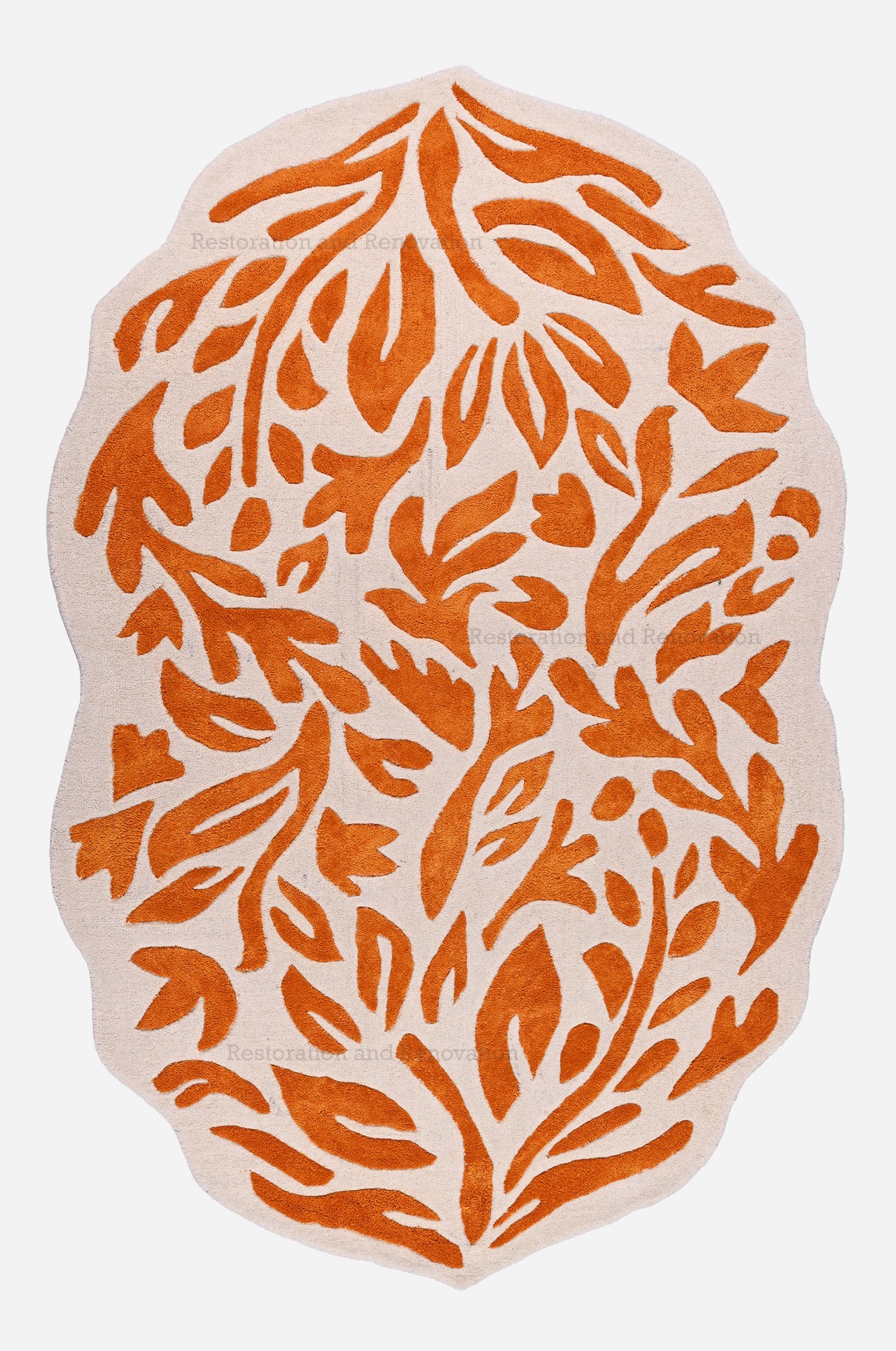 Hand-Tufted Wool Area Rug - Irregular Shape, Vibrant Orange and Cream Floral Design