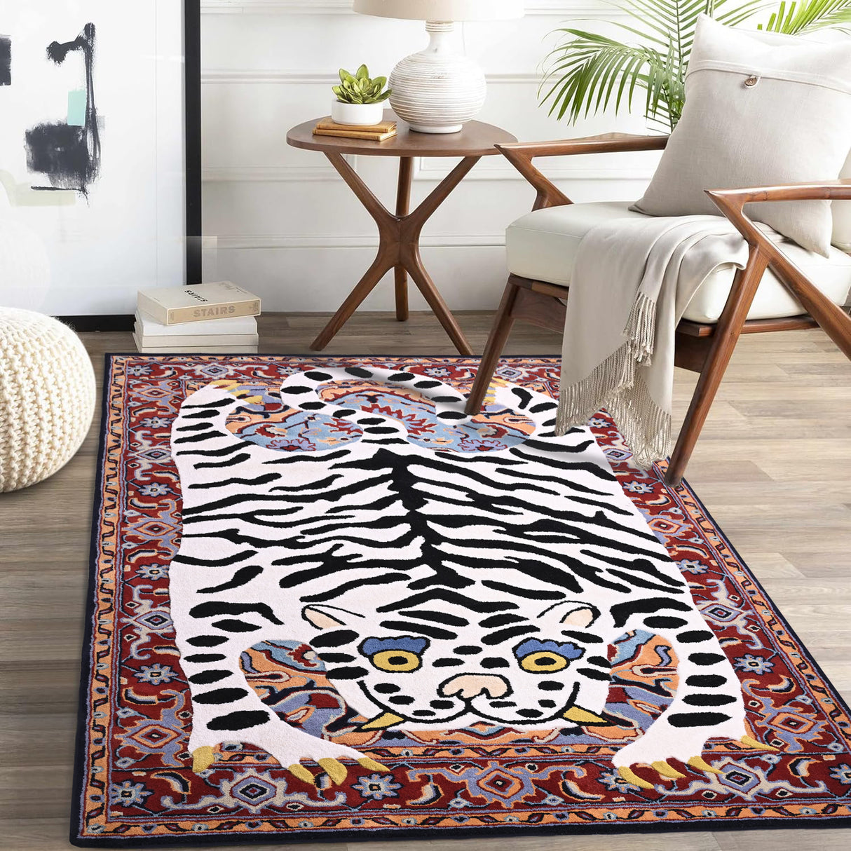 Artistic Handcrafted White Tiger Wool Area Rug