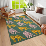 Hand-Tufted Catwalk-Inspired Jungle Safari Cat Wool Area Rug - Animal Print, Plush & Thick Green Carpet