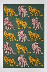 Hand-Tufted Catwalk-Inspired Jungle Safari Cat Wool Area Rug - Animal Print, Plush & Thick Green Carpet