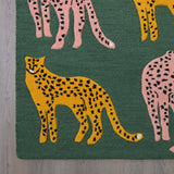 Hand-Tufted Catwalk-Inspired Jungle Safari Cat Wool Area Rug - Animal Print, Plush & Thick Green Carpet