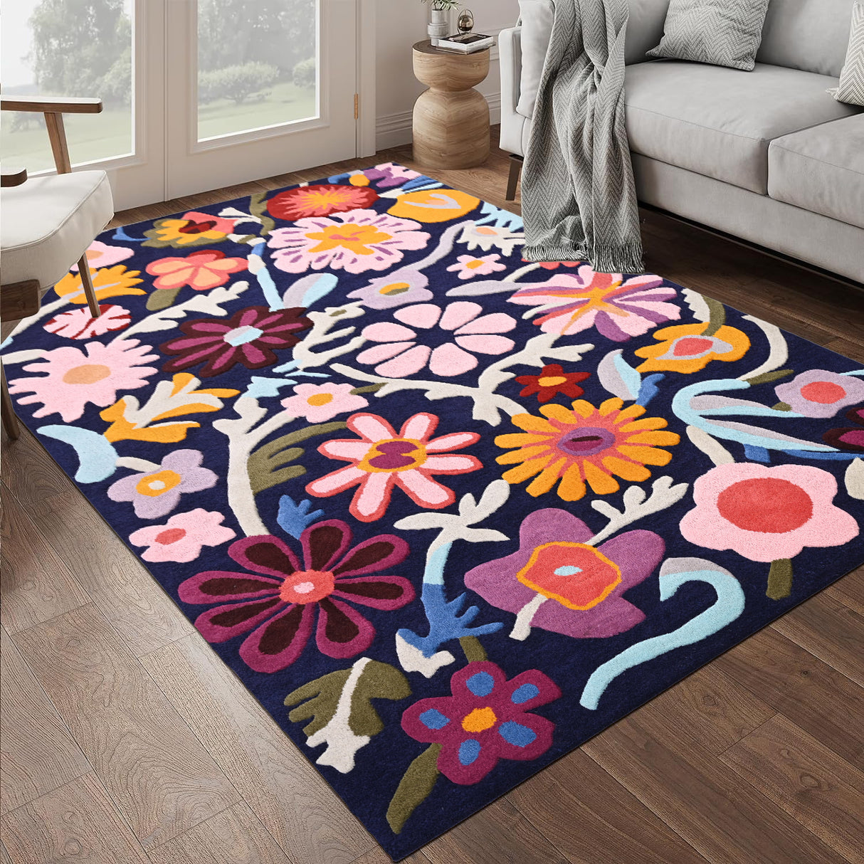 Hand tufted Navy Blue Floral Wool Area Rug